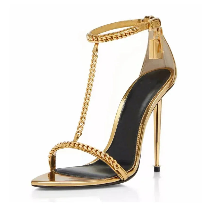 Gold Lock Chain T-strap Heels