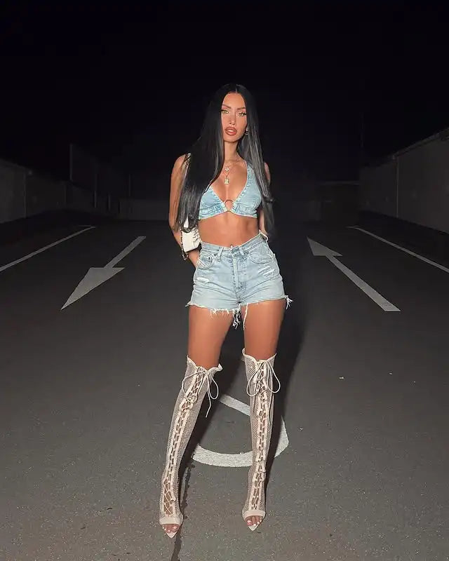 Rhinestone Mesh Thigh High Boots