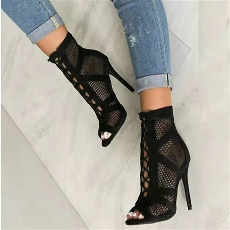Black Mesh Lace Up Heels