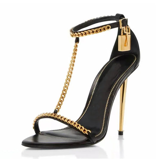 Gold Lock Chain T-strap Heels