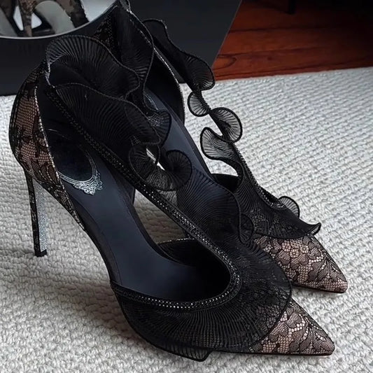 Rhinestone Lace-Trimmed Hollow Heels
