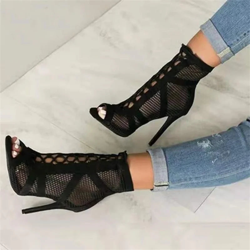 Black Mesh Lace Up Heels